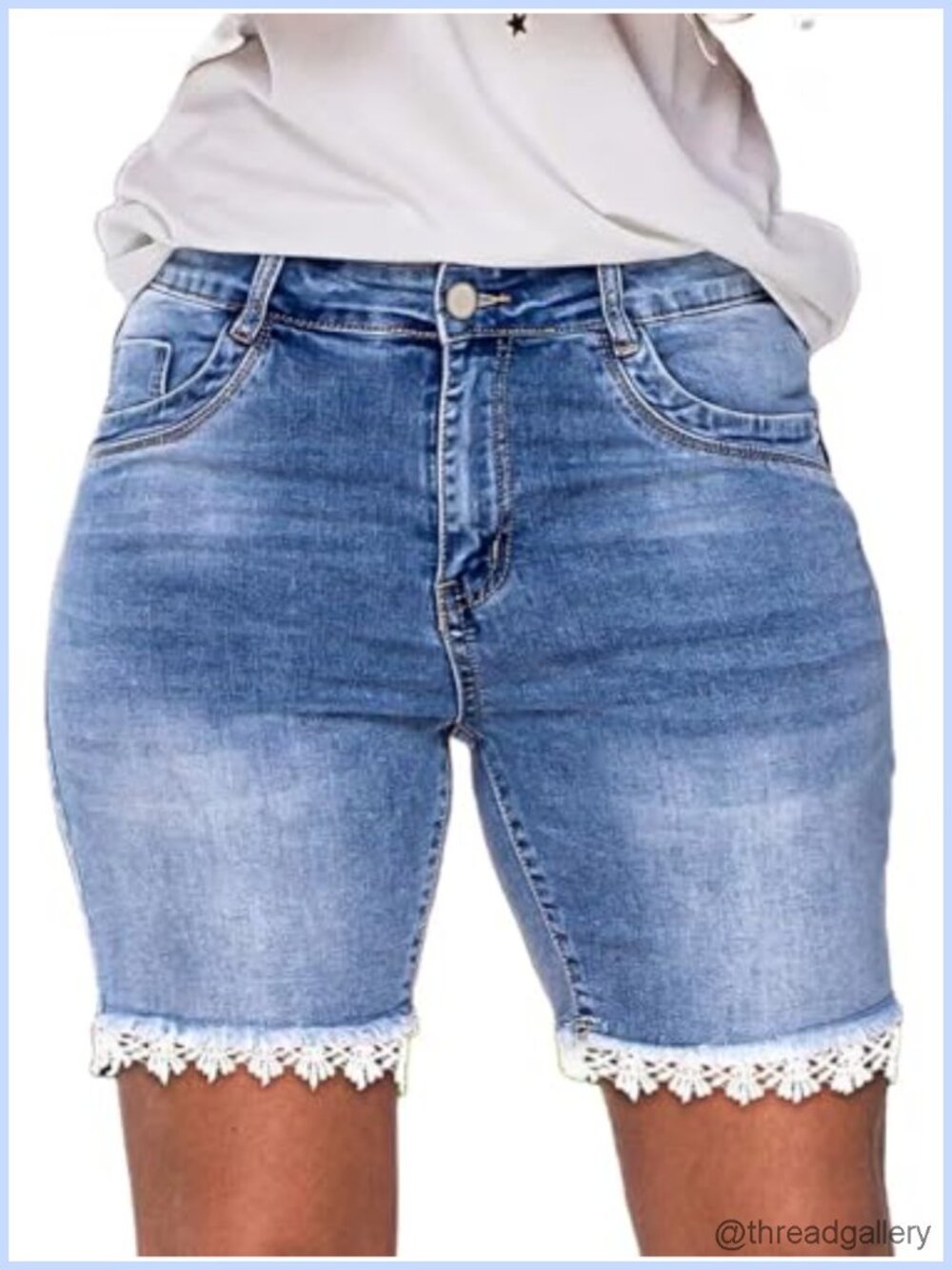 Women's Lace Trim Denim Bermuda Shorts, Mid Rise Raw Hem
